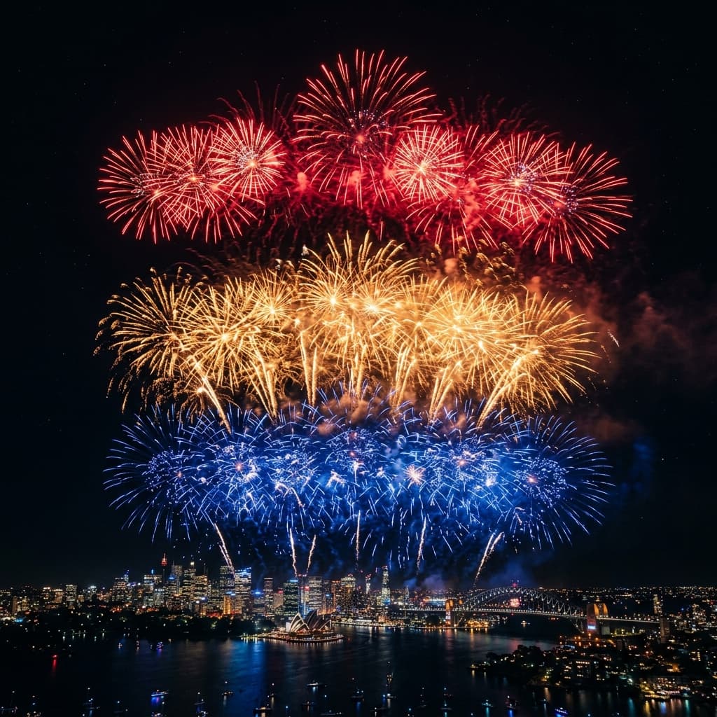 Aerial fireworks bursting in layers of red, gold, and blue against the night sky